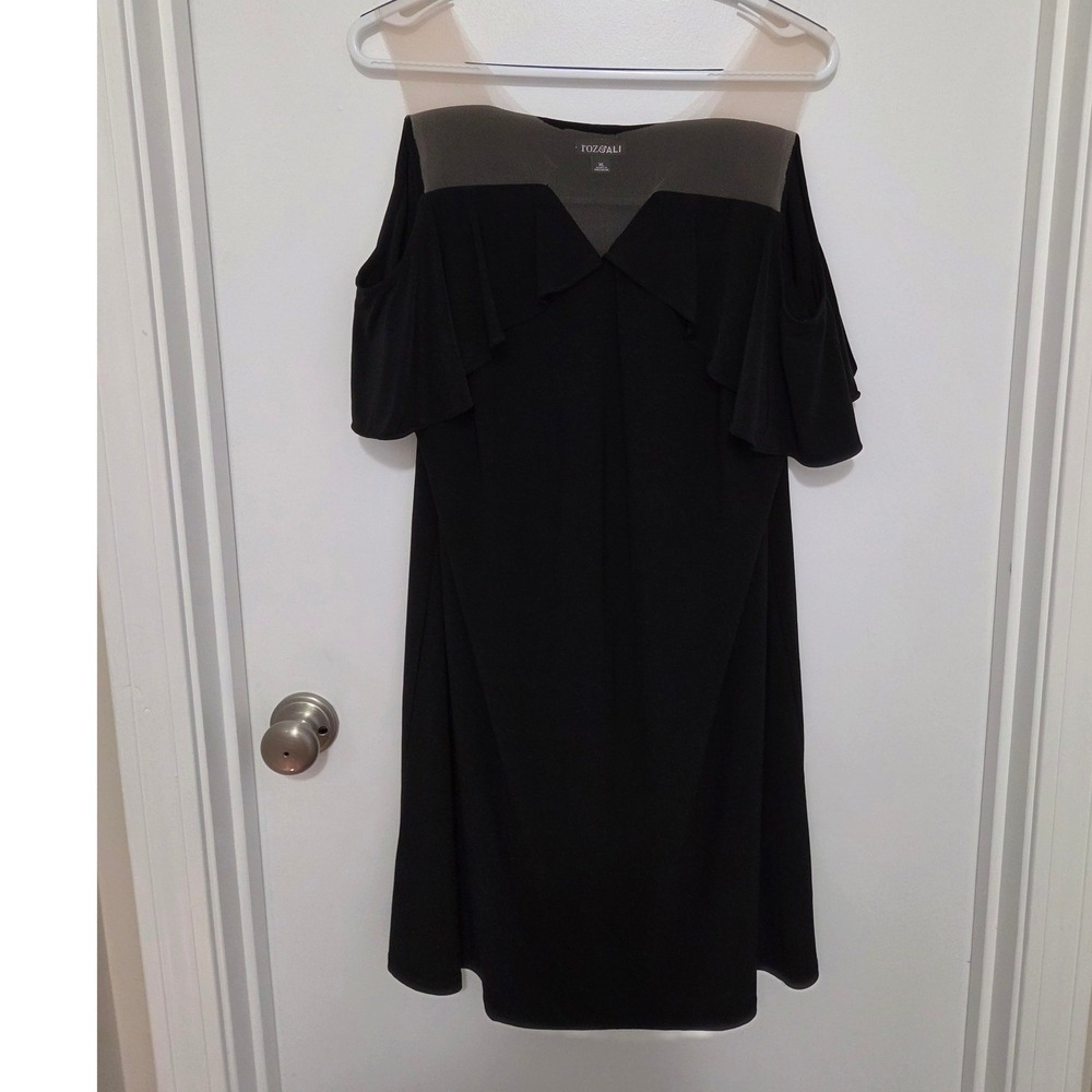 Roz & Ali Black Cold Shoulder Mesh Yoke Flutter Sleeve Dress XL Cocktail